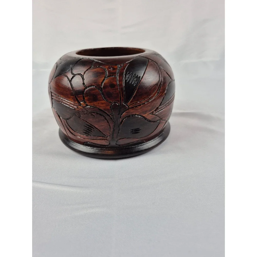 Vintage Hand Carved Wood Bowl Floral Design Dark Stain Boho Decor‎ Rustic